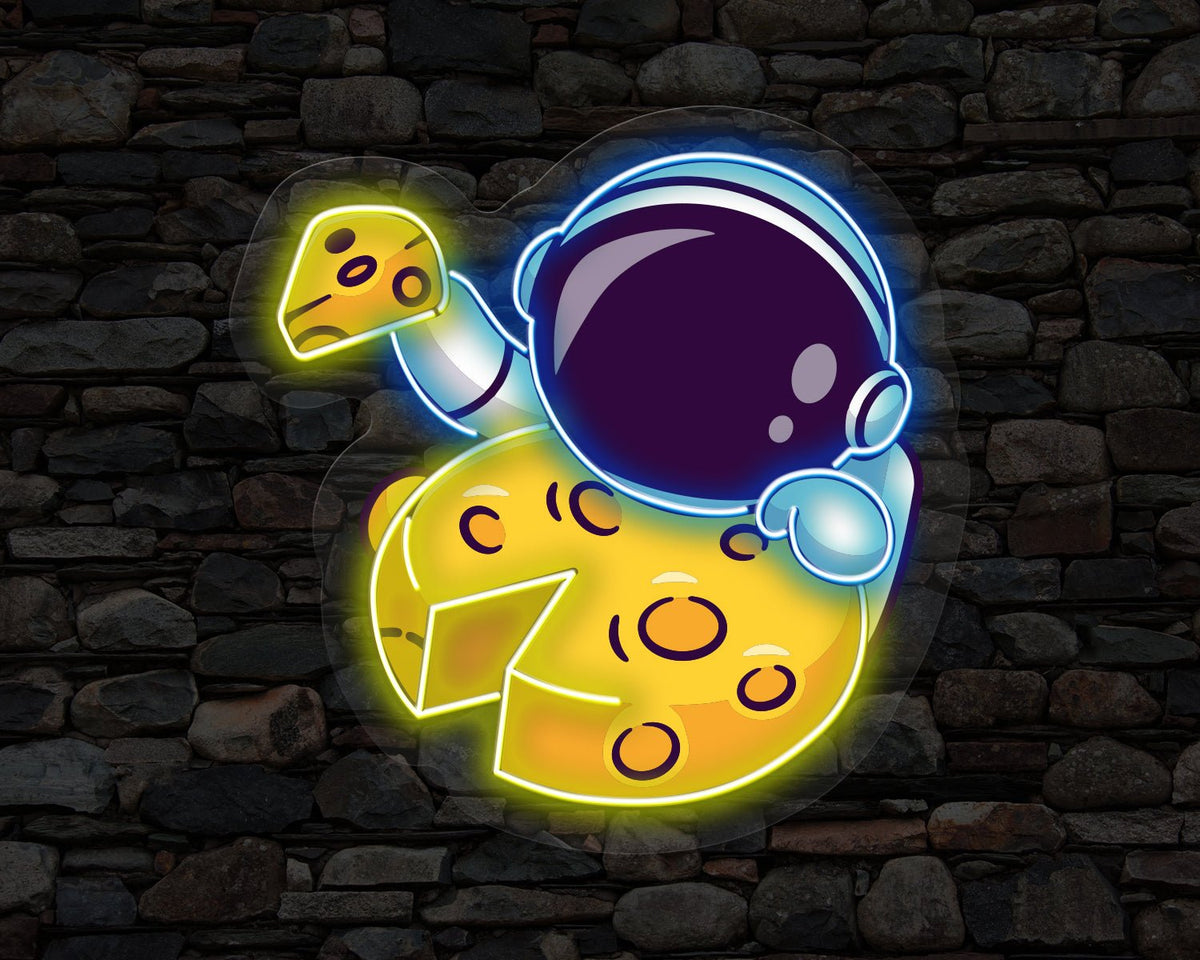 Astronaut Eating Cheese Moon Pop Art Neon Sign