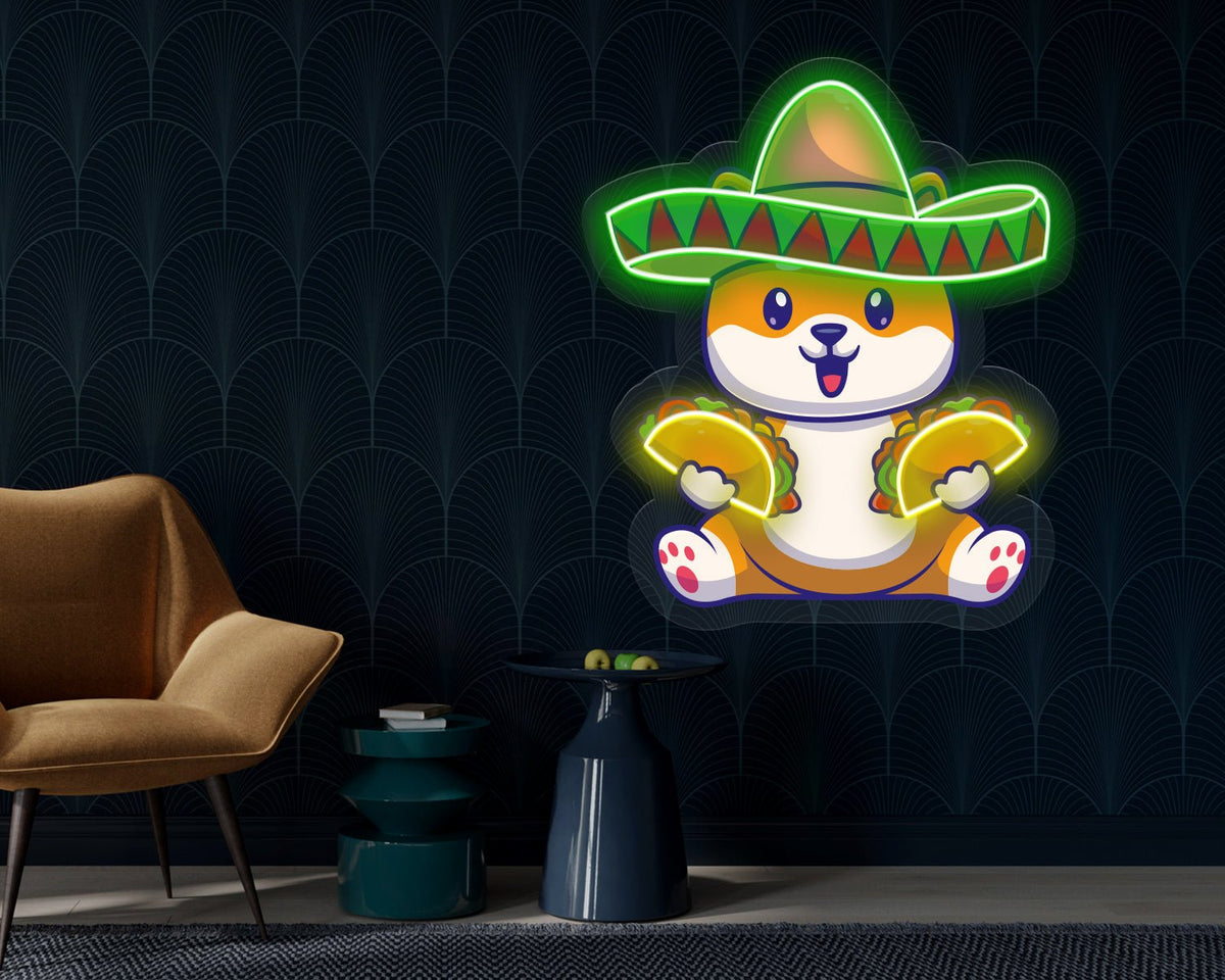 Cute Dog Eating Tacos With Sombreno hat Neon Sign