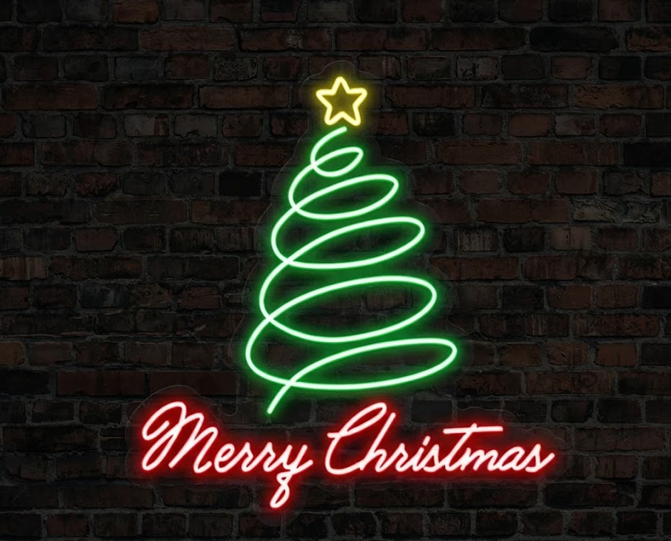Neon sign of a Christmas tree with 'Merry Christmas' on a brick wall background